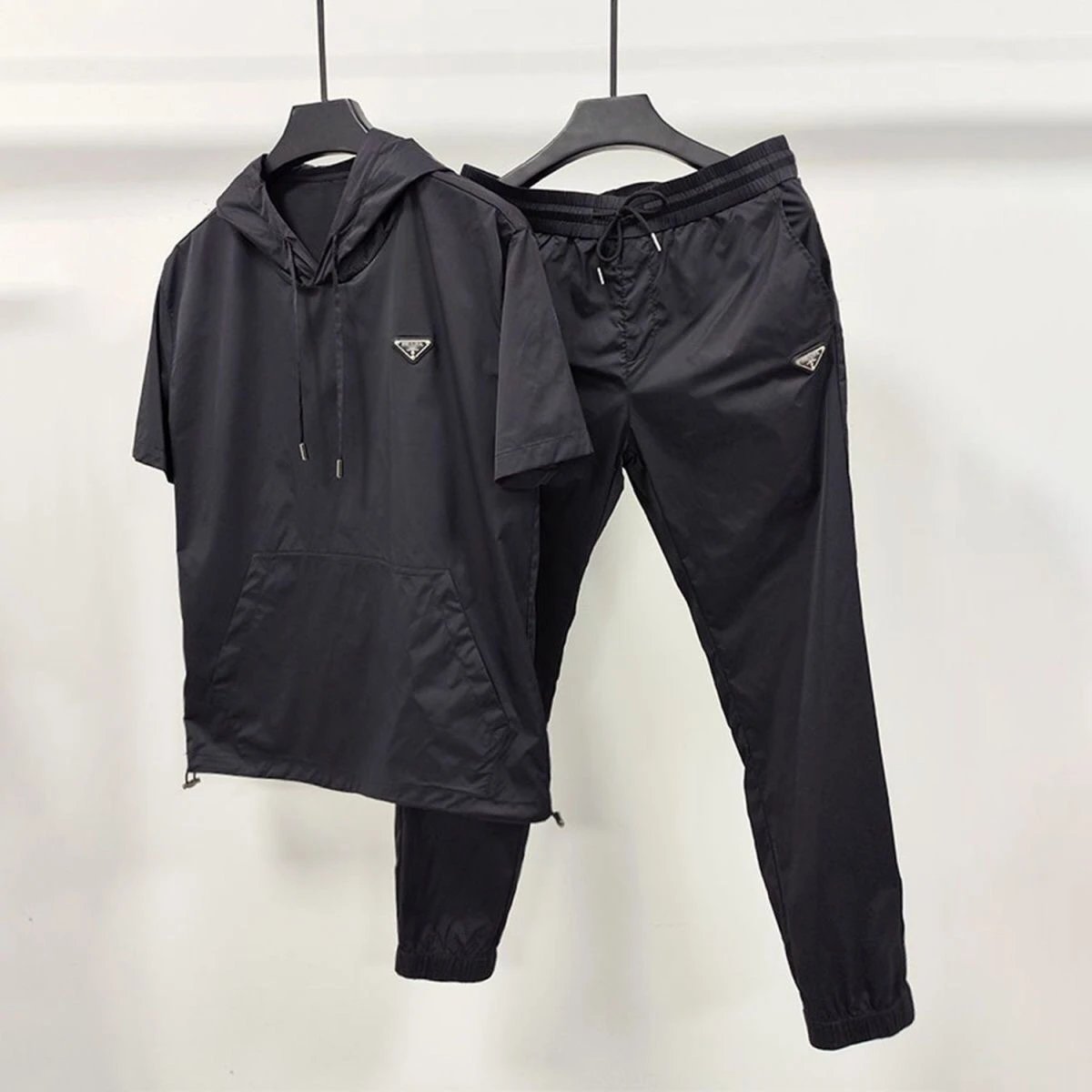 Prada Short Sleeve Hoodie and Pants Set Black