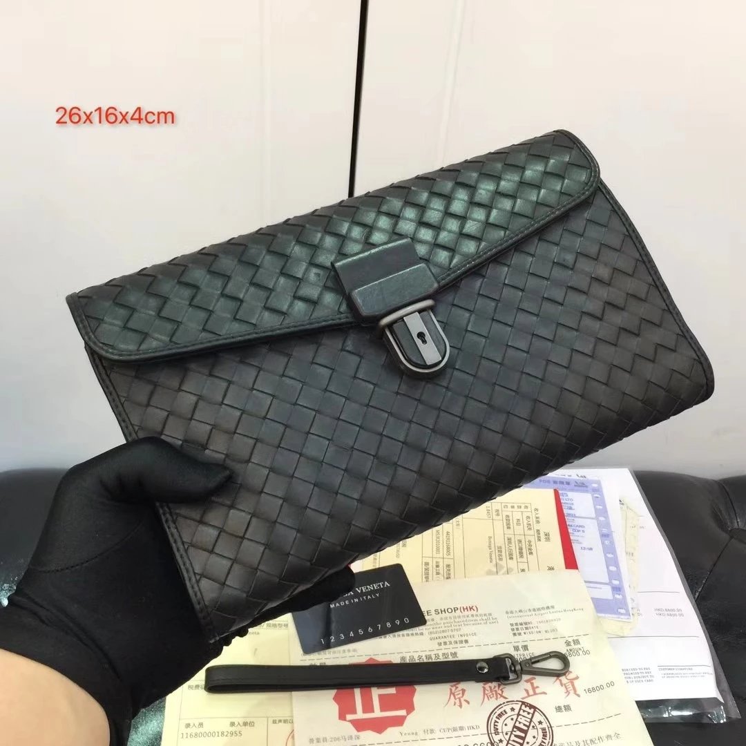 特价359元！保真货！BV 葆蝶家 原单打蜡胎牛皮 手包 新品时尚黑色编制 钥匙锁手机包 手腕包 手拎包 男包 包邮