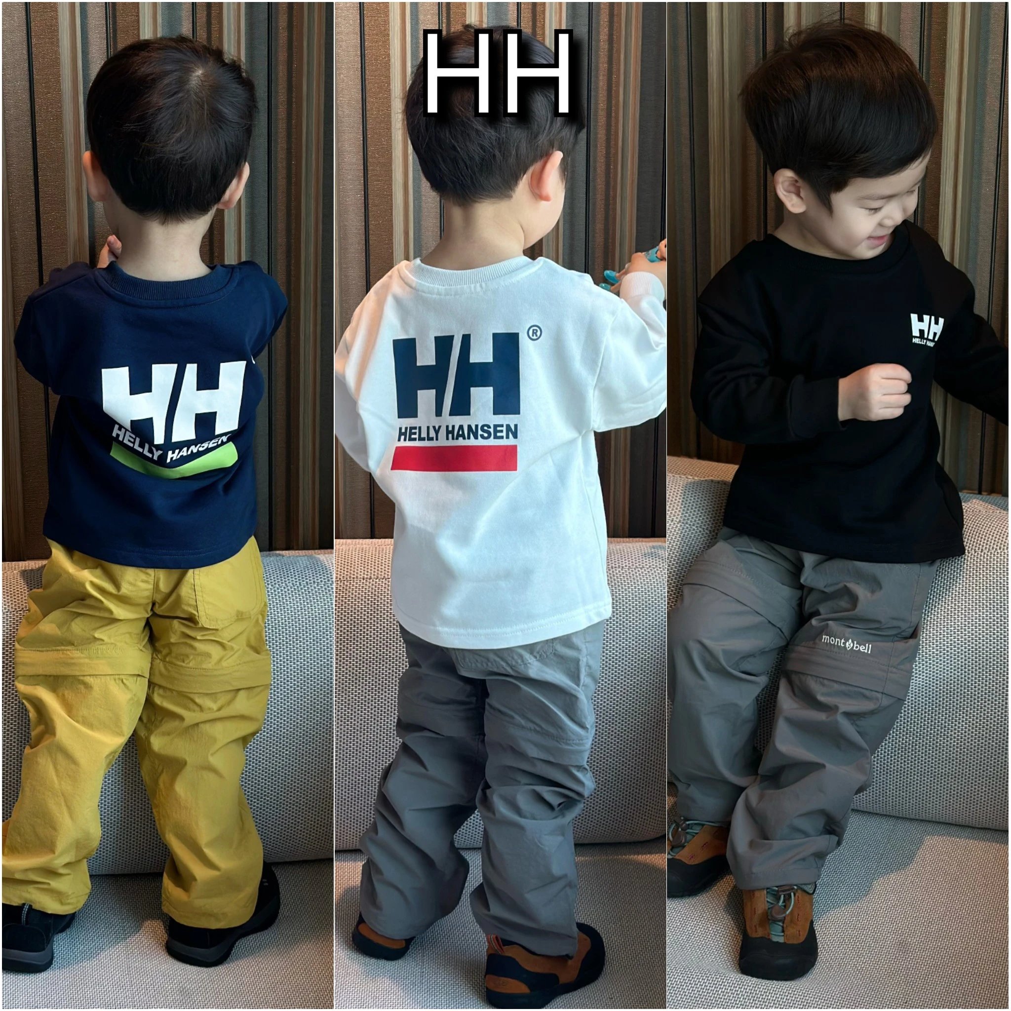 HELLY HANSEN 2025春夏新款男女童定制款亲子款HH字母图案三色长袖，纯棉亲子装T恤.尺码90-150码，成人ML，新款现货