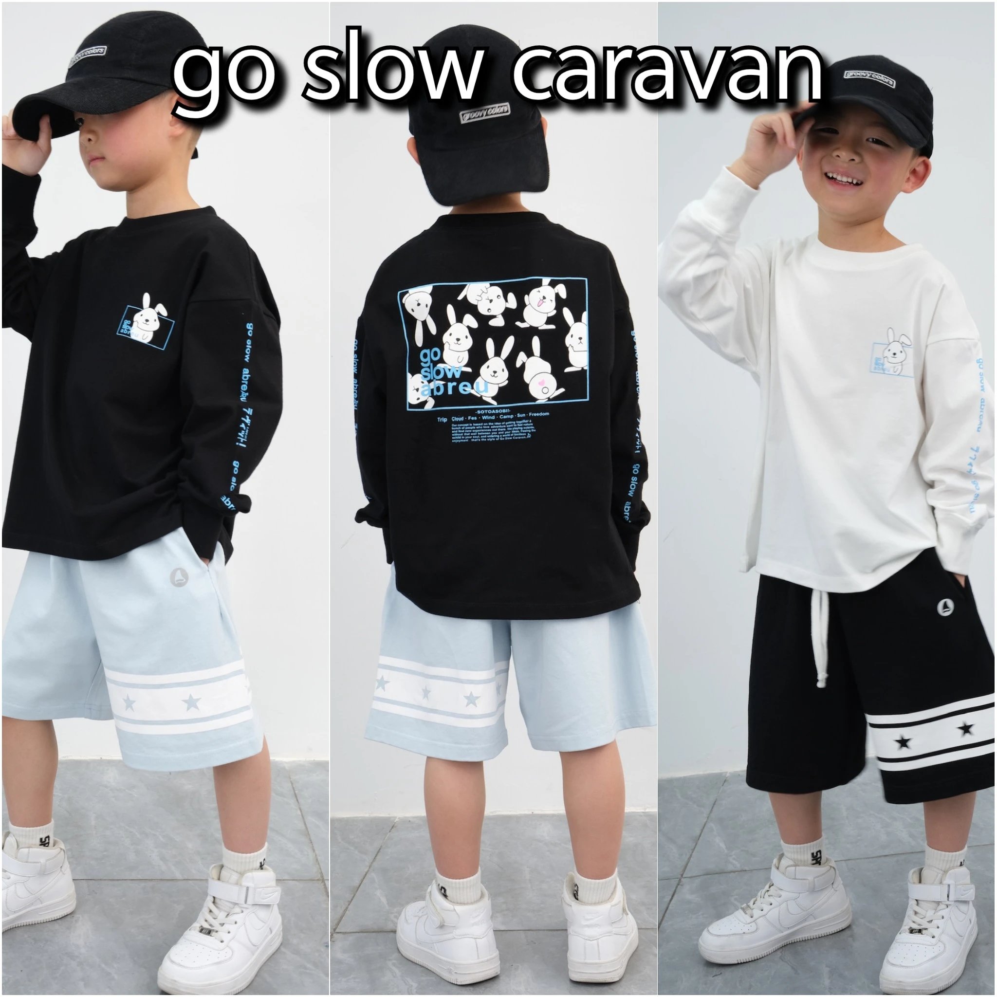 日本潮牌go slow caravan太阳北极熊2025春夏新款男女童原版定制款亲子款太阳北极熊长袖T恤搭配五角星印花薄针织短裤，尺码90-160码，成人S-XL码，新款现货