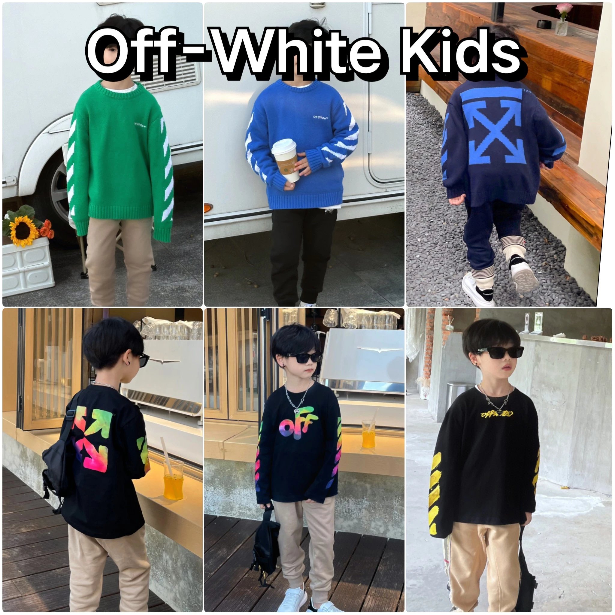 Off-White Kids Diag Stripe 2023秋冬新款男女童原版定制款蓝色绿色两色圆领毛衣/蓝色经典标志毛衣开衫/幻彩印花字母臂花黑色棉质长袖T恤/Off-White Caravagg