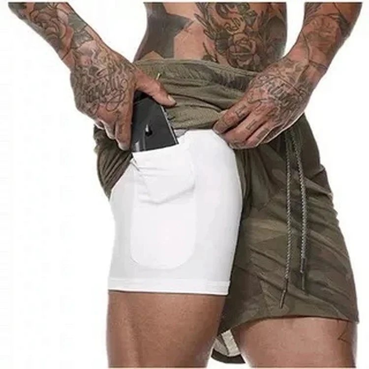 Lululemon Lemon 2-in-1 Fake Two Piece Muscle Fitness Shorts Men's Quick Dry Outdoor Sports Large Size Double Layer Mesh Five