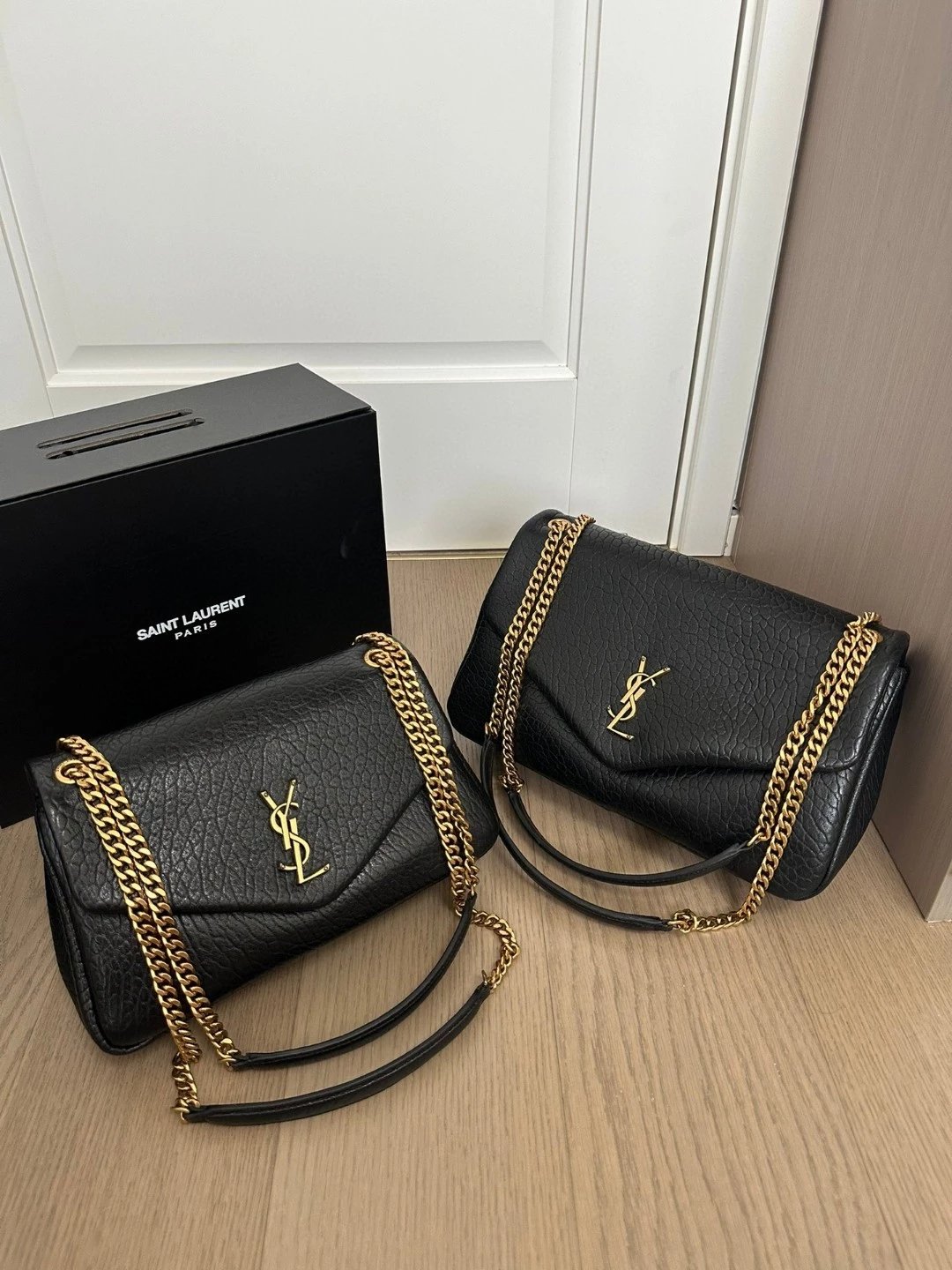 Saint Laurent Black Leather Double Chain Shoulder Bag